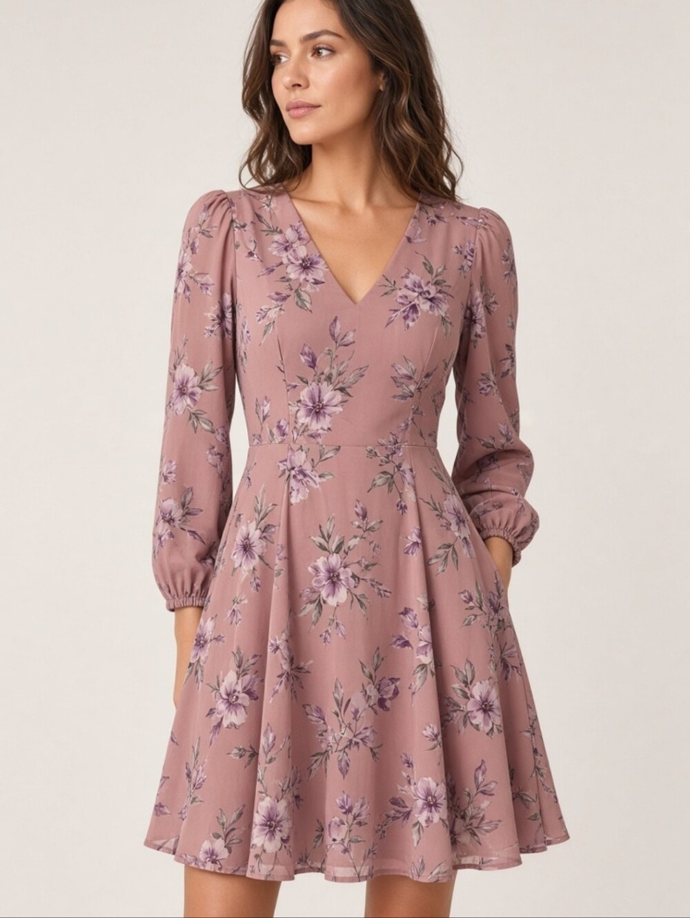 NWT Reitmans Long Sleeve Floral Fit-and-Flare Dress in Dusty Rose Xl